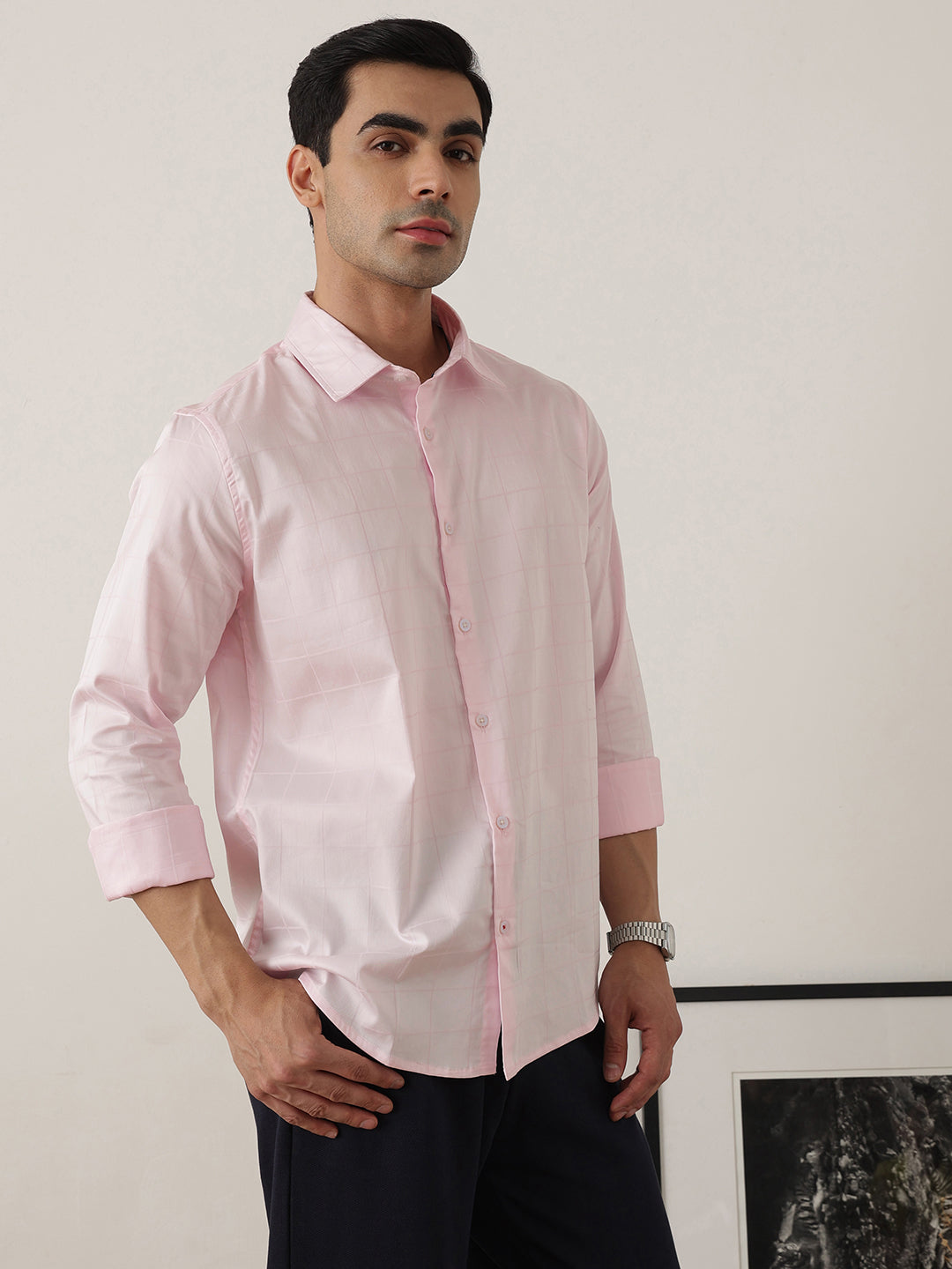 Thomas Scott Men Premium Pink Regular Fit Long Sleeves Spread Collar Windowpane Checks Cotton Lycra Casual Shirt