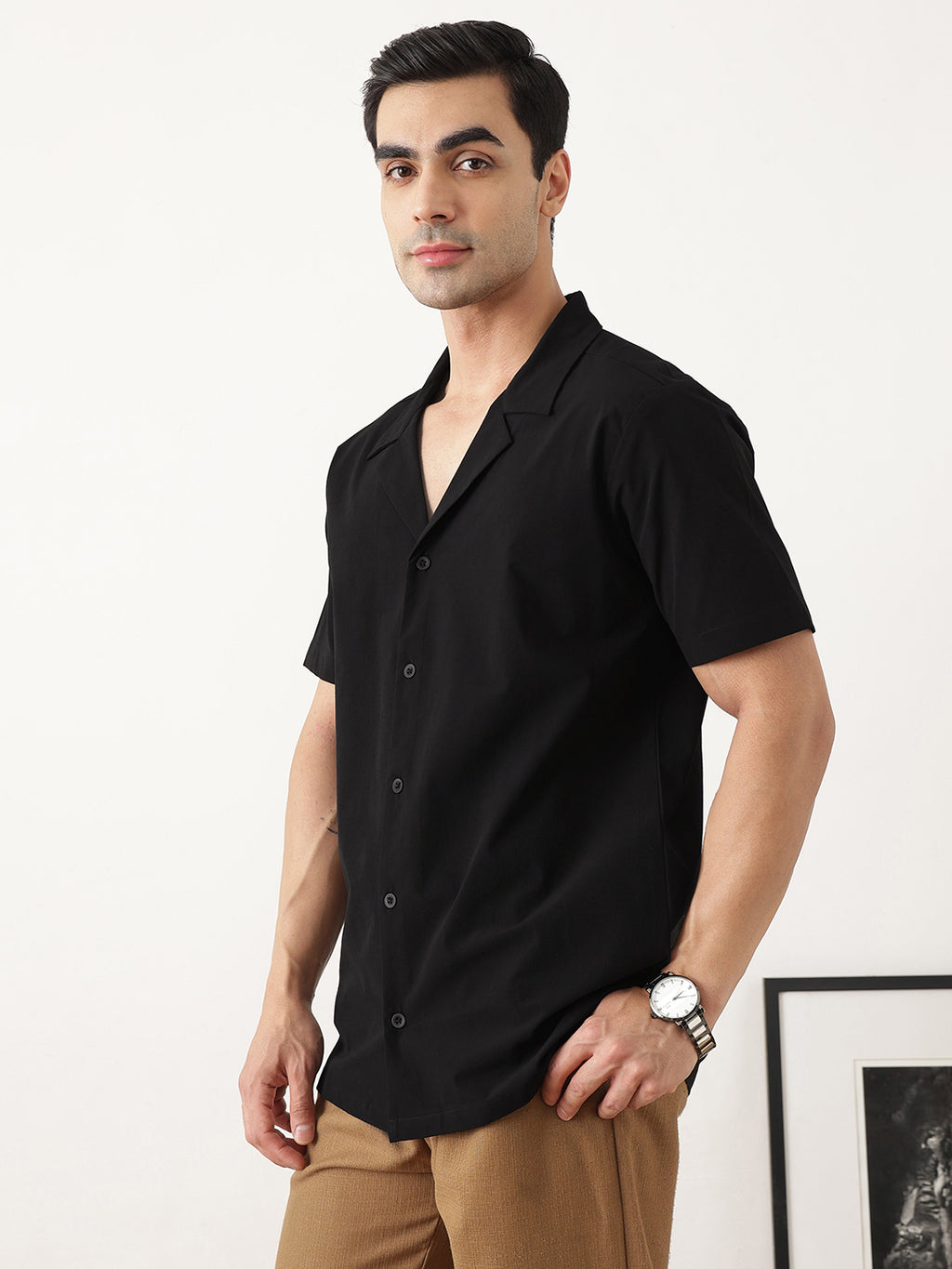 Thomas Scott Men Premium Black Oversize Fit Short Sleeves Cuban Collar Solid Casual Shirt