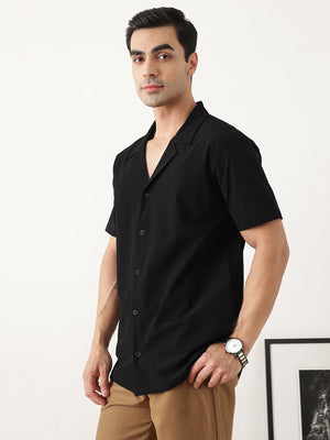 Thomas Scott Men Premium Black Oversize Fit Short Sleeves Cuban Collar Solid Casual Shirt