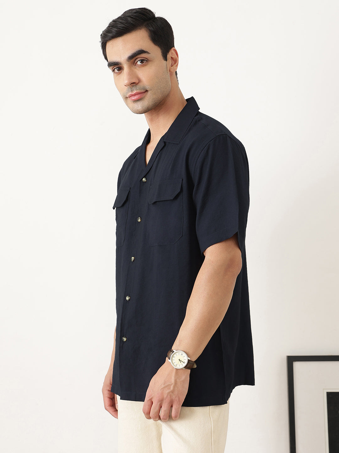 Thomas Scott Men Premium Navy Oversize Fit Short Sleeves Cuban Collar Textured Casual Shirt
