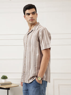 Brown Oversized Fit Vertical Stripes Cuban Collar Cotton Linen Casual Shirt For Men