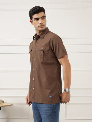 Brown Premium Regular Fit Short Sleeves Spread Collar Textured Casual Shirt For Men