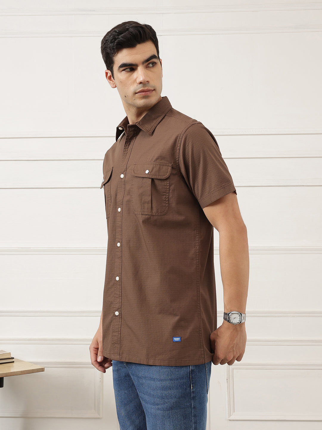 Brown Premium Regular Fit Short Sleeves Spread Collar Textured Casual Shirt For Men
