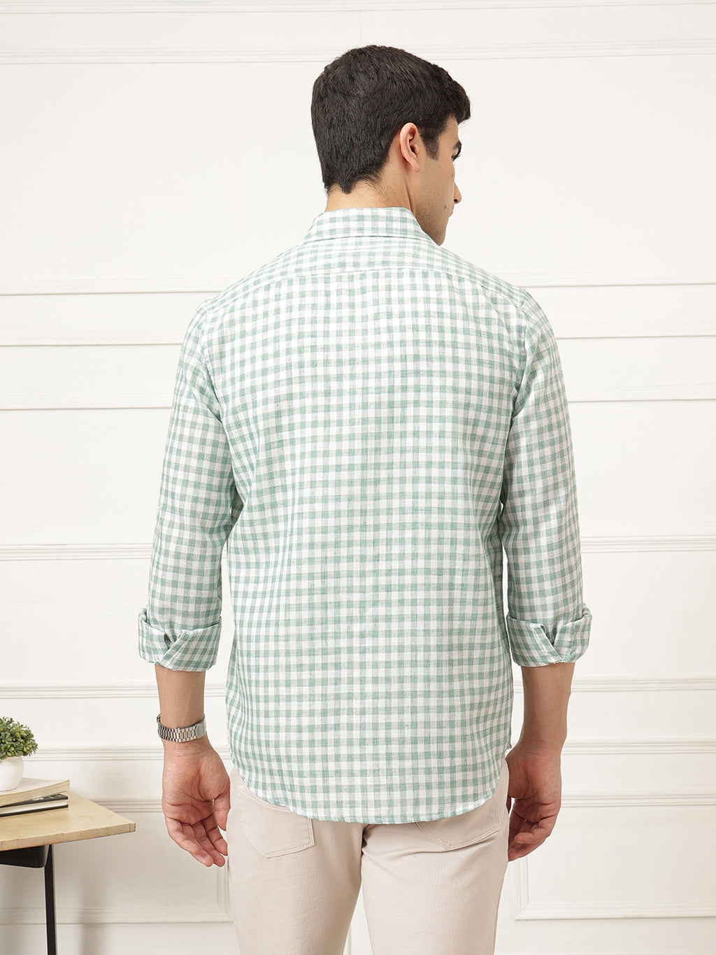 Green Premium Regular Fit Gingham Checks Cotton Linen Shirt For Men