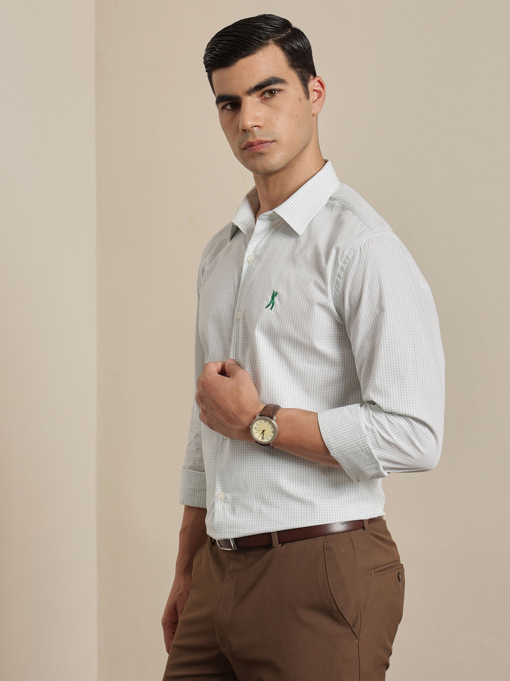 Thomas Scott Men Premium Green Regular Fit Long Sleeves Spread Collar Micro Checks Cotton Formal Shirt
