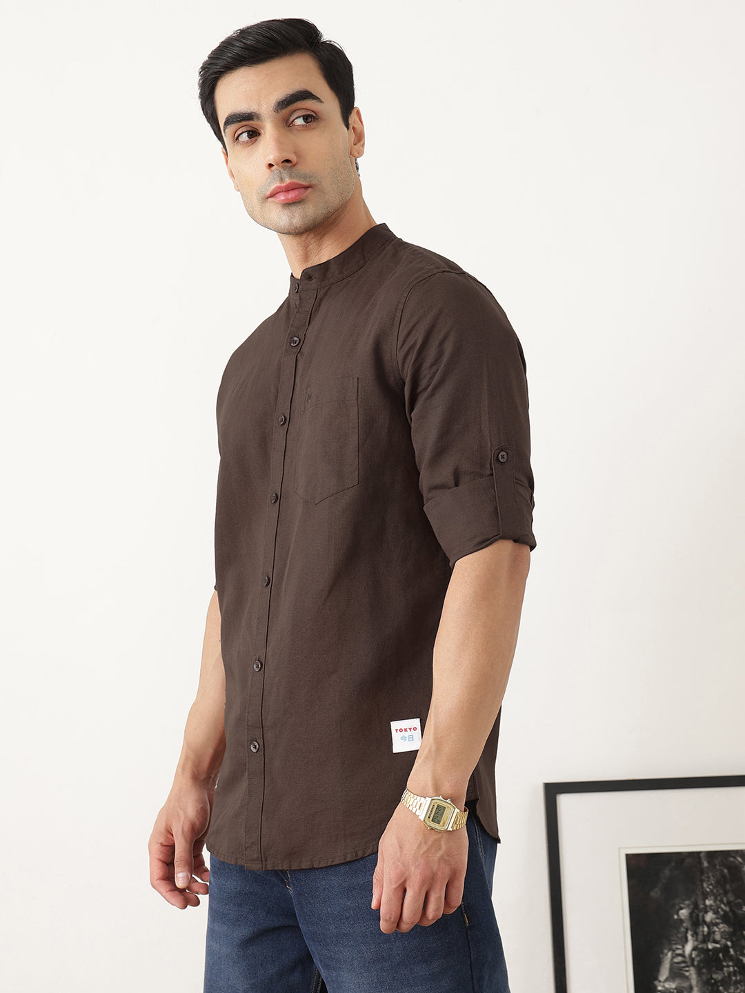 Thomas Scott Men Premium Brown Slim Fit Long Sleeves Mandarin Collar Solid Cotton Linen Casual Shirt