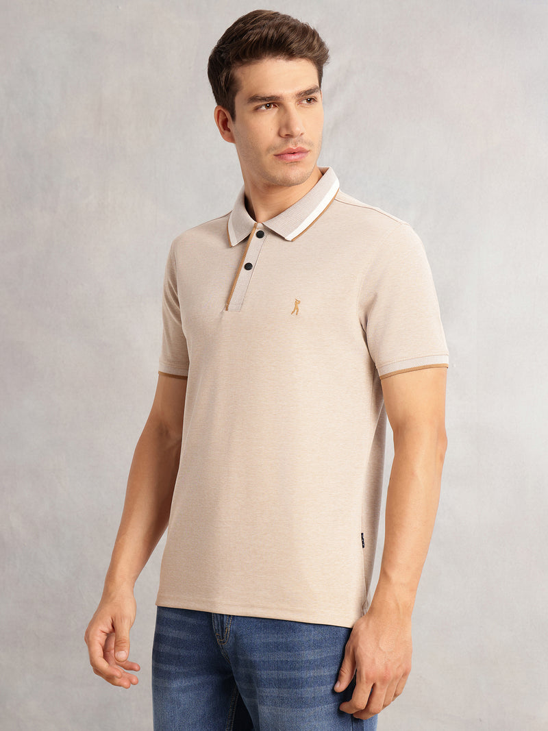 Thomas Scott Men Beige Regular Fit Short Sleeves Polo Collar Knitted Tshirt with Button Closure