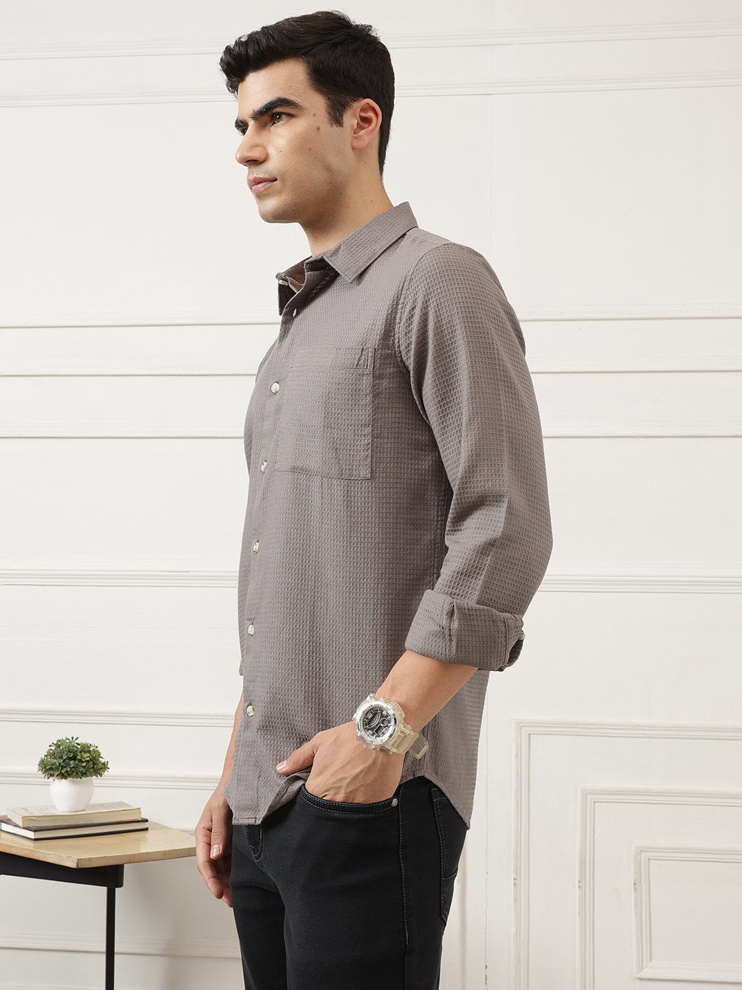 Grey Premium Regular Fit Long Sleeves Spread Collar Textured Cotton Casual Shirt For Men