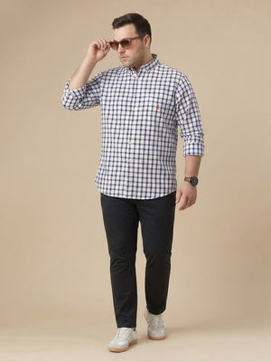 Thomas Scott Men Premium Navy Plus Size Regular Fit Long Sleeves Button Down Collar Gingham Checks Cotton Linen Casual Shirt