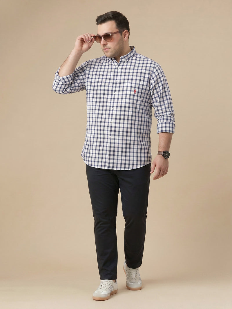 Thomas Scott Men Premium Navy Plus Size Regular Fit Long Sleeves Button Down Collar Gingham Checks Cotton Linen Casual Shirt