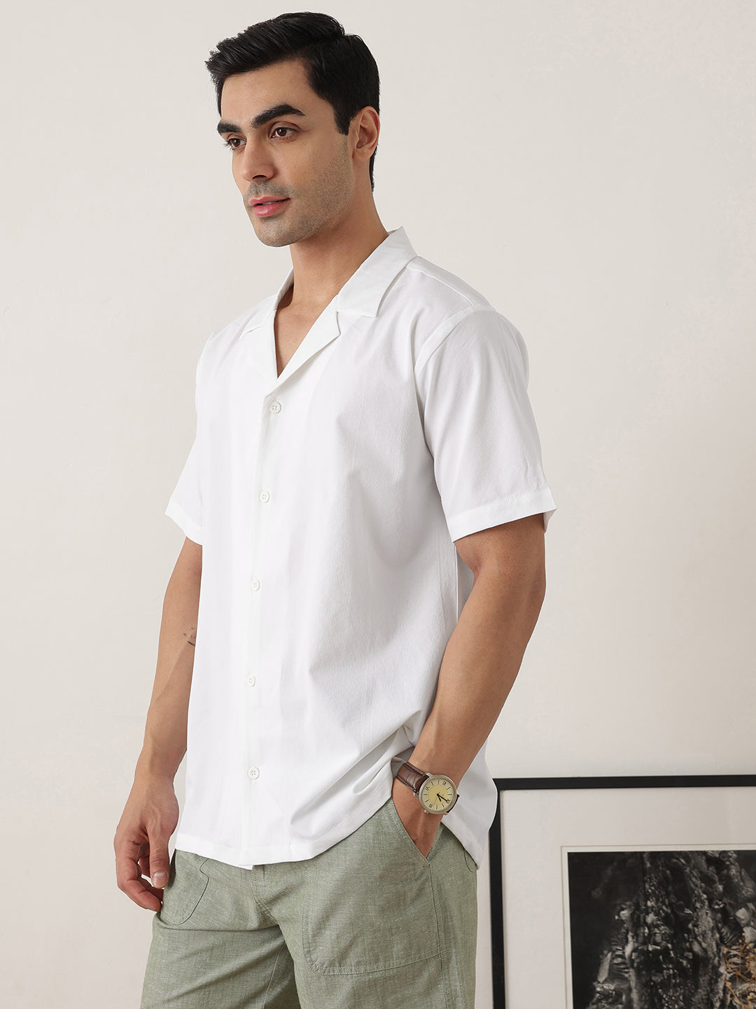 Thomas Scott Men Premium White Oversize Fit Short Sleeves Cuban Collar Solid Casual Shirt