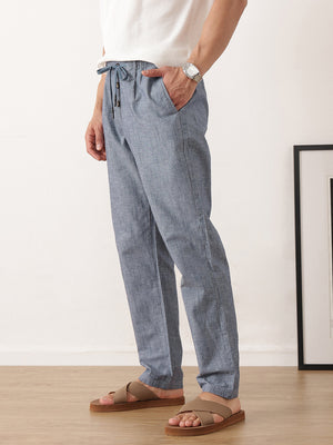 Thomas Scott Men Navy Smart Relaxed Fit Mid-Rise Solid Cotton Linen Pleated Casual Trousers