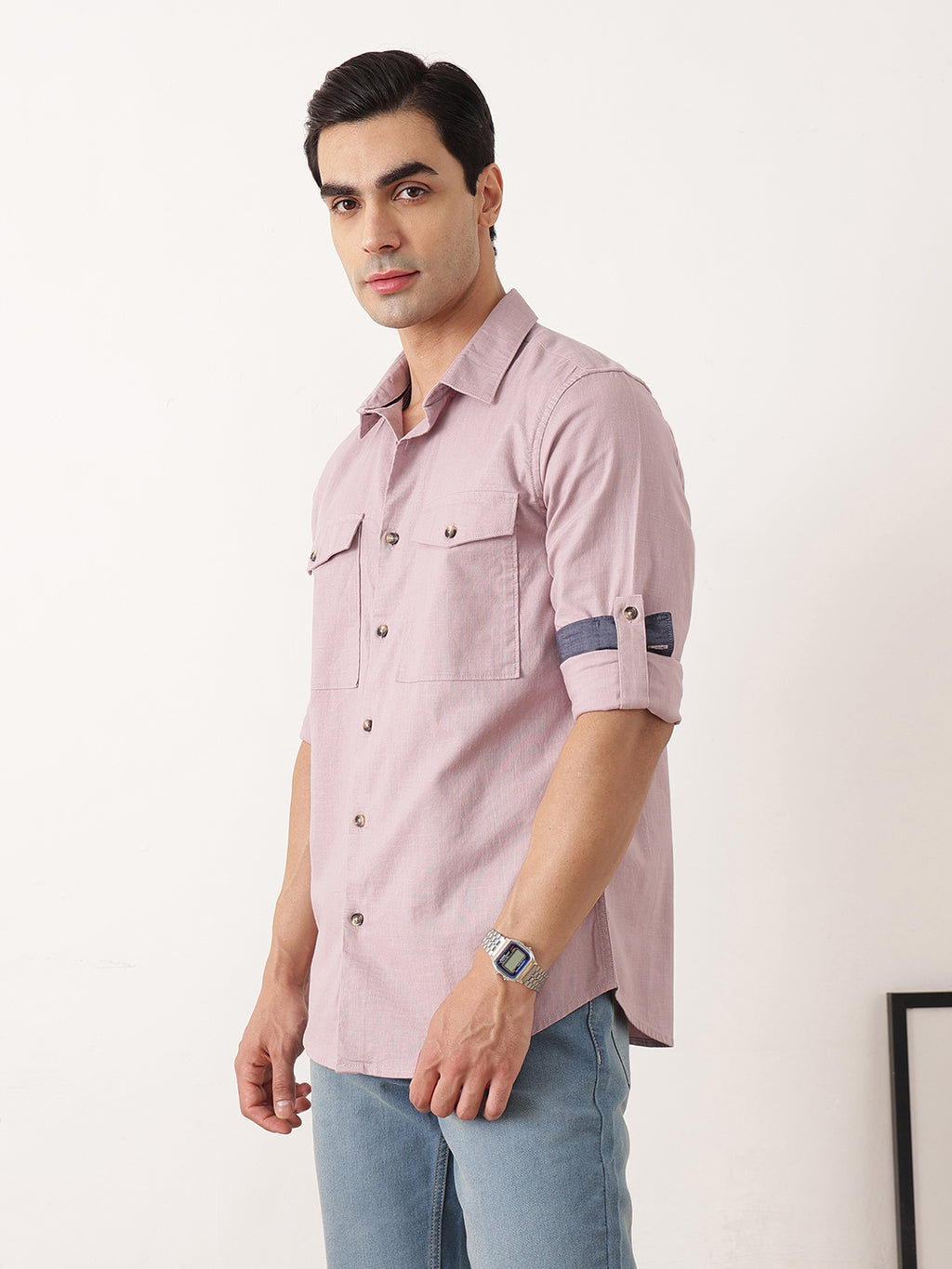 Thomas Scott Men Lilac Premium Slim Fit Long Roll-Up Sleeves Spread Collar Solid Cotton Casual Shirt with Flap Pockets