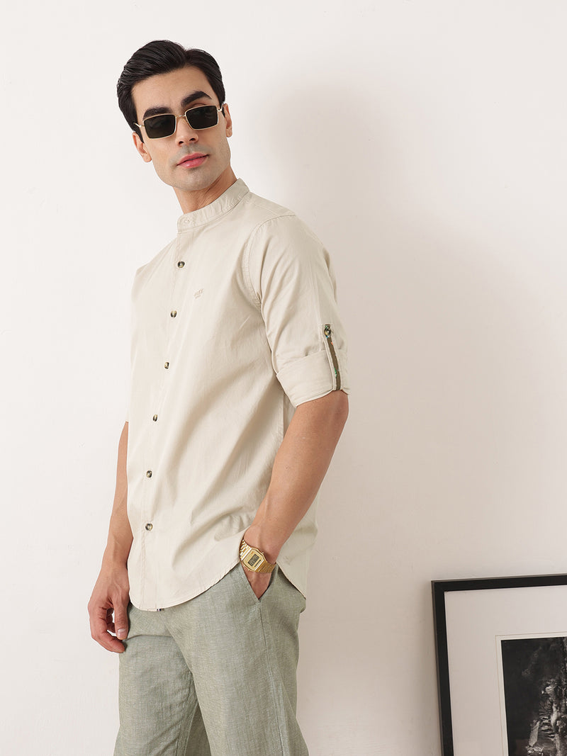 Thomas Scott Men Beige Premium Regular Fit Long Roll-Up Sleeves Mandarin Collar Solid Cotton Casual Shirts