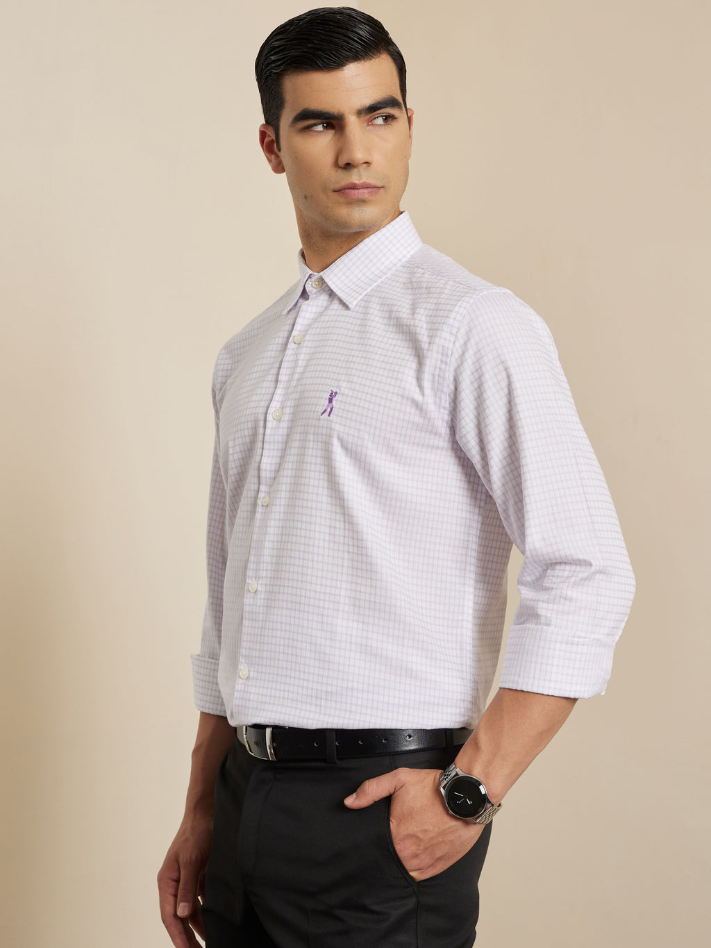 Thomas Scott Men Premium Violet Gingham Checks Cotton Formal Shirt with Spread Collar & Full Sleeves