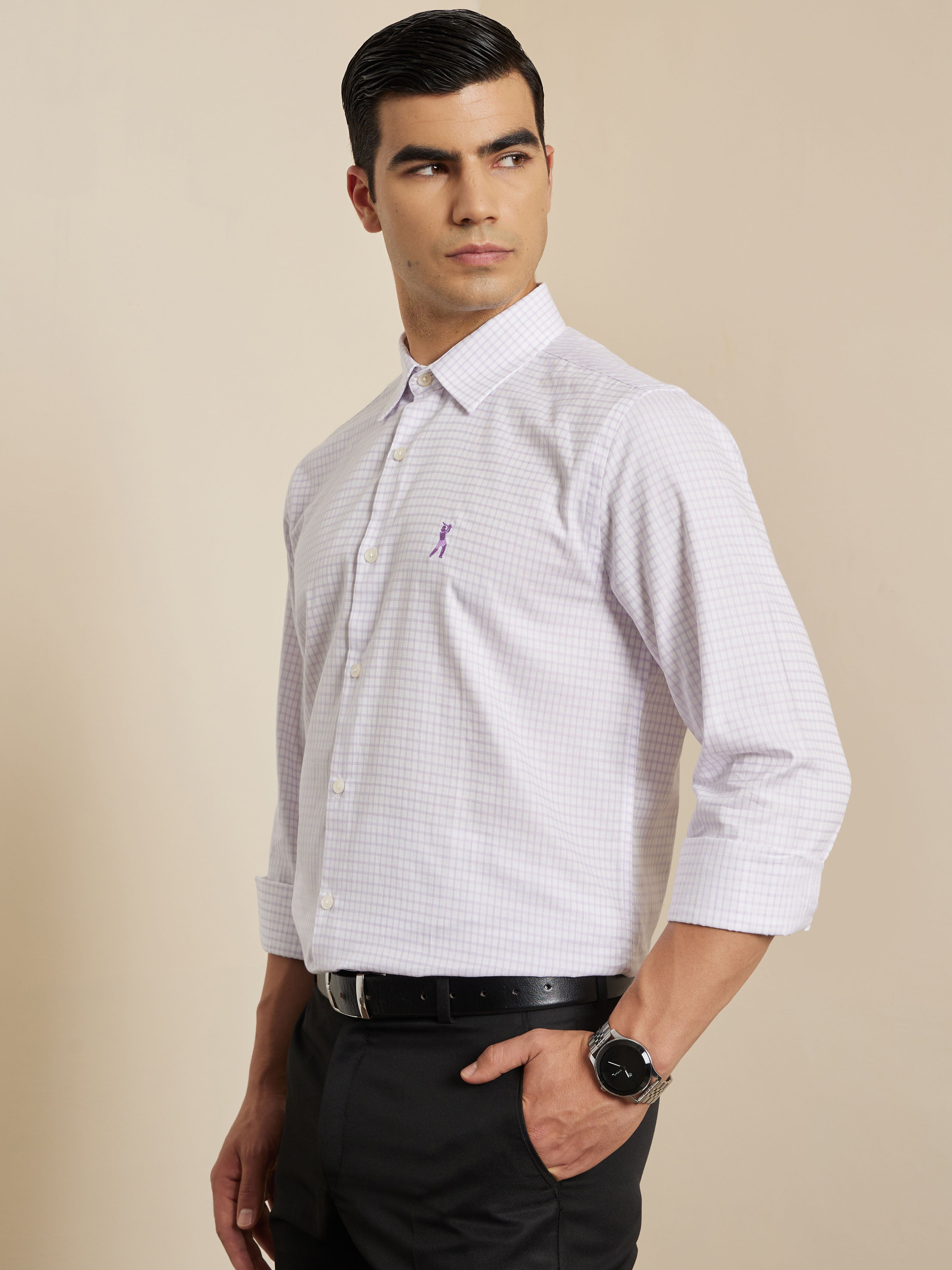 Thomas Scott Men Premium Violet Gingham Checks Cotton Formal Shirt with Spread Collar & Full Sleeves
