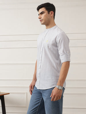 Blue Regular Fit Vertical Striped Cotton Linen Casual Shirt For Men with Roll-Up Sleeves