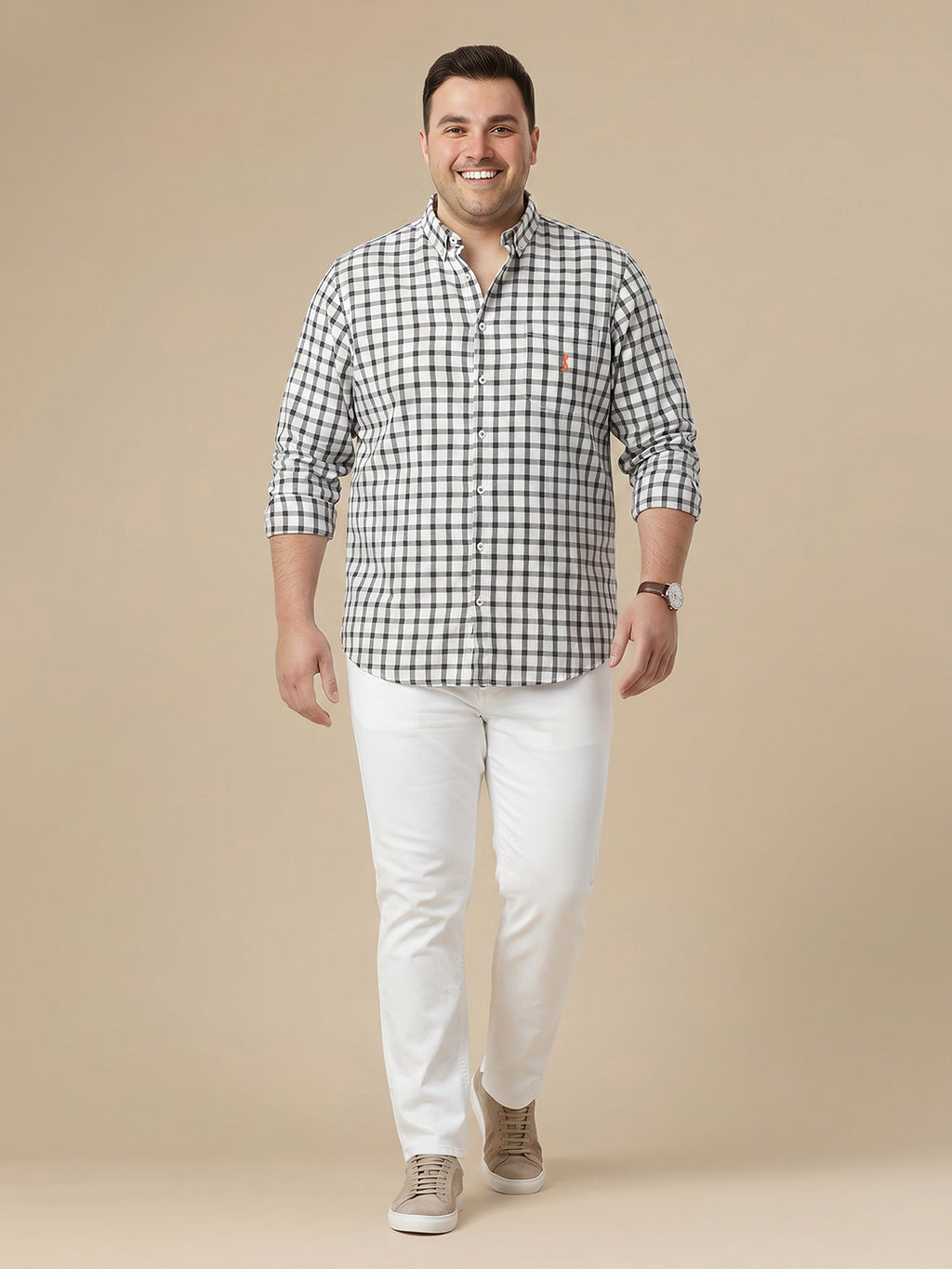 Thomas Scott Men Premium Green Plus Size Regular Fit Long Sleeves Button Down Collar Gingham Checks Cotton Linen Casual Shirt