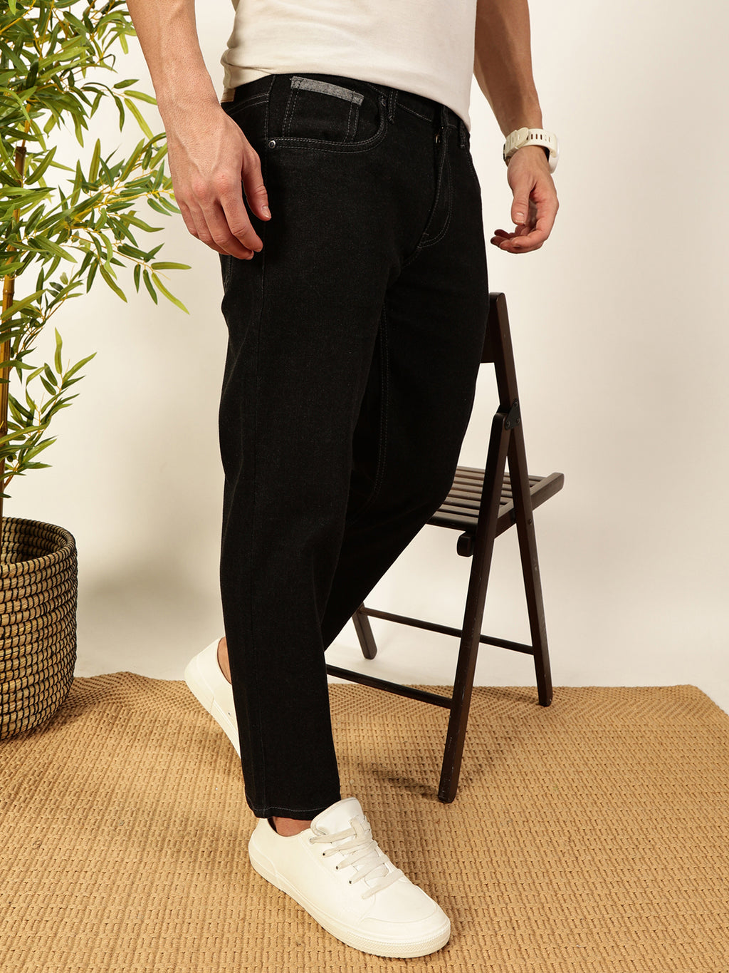 Thomas Scott Men Black Smart Tapered Fit Mid-Rise Clean Look Cropped Stretchable Jeans