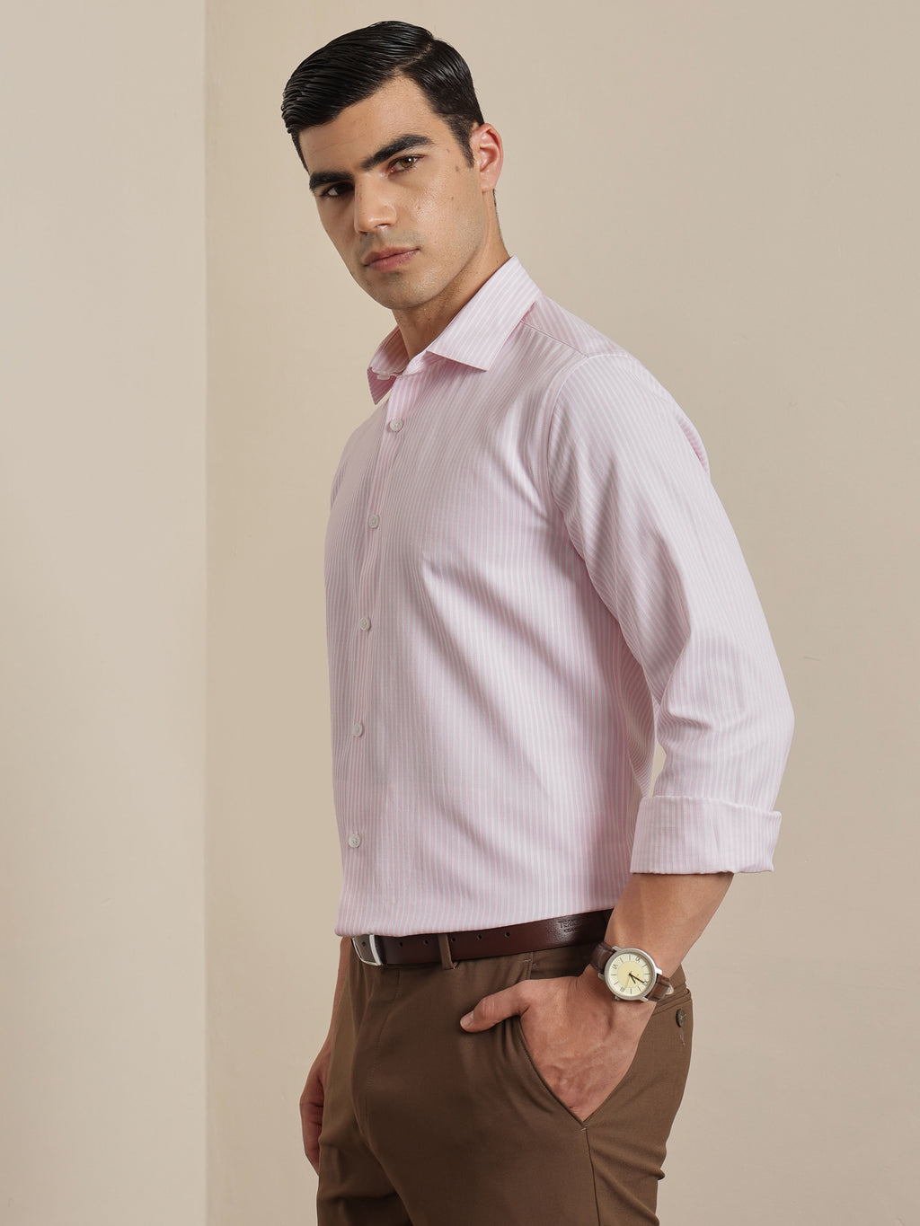 Thomas Scott Men Smart Pink Regular Fit Long Sleeves Semi Cutaway Collar Pinstripes Formal Shirt