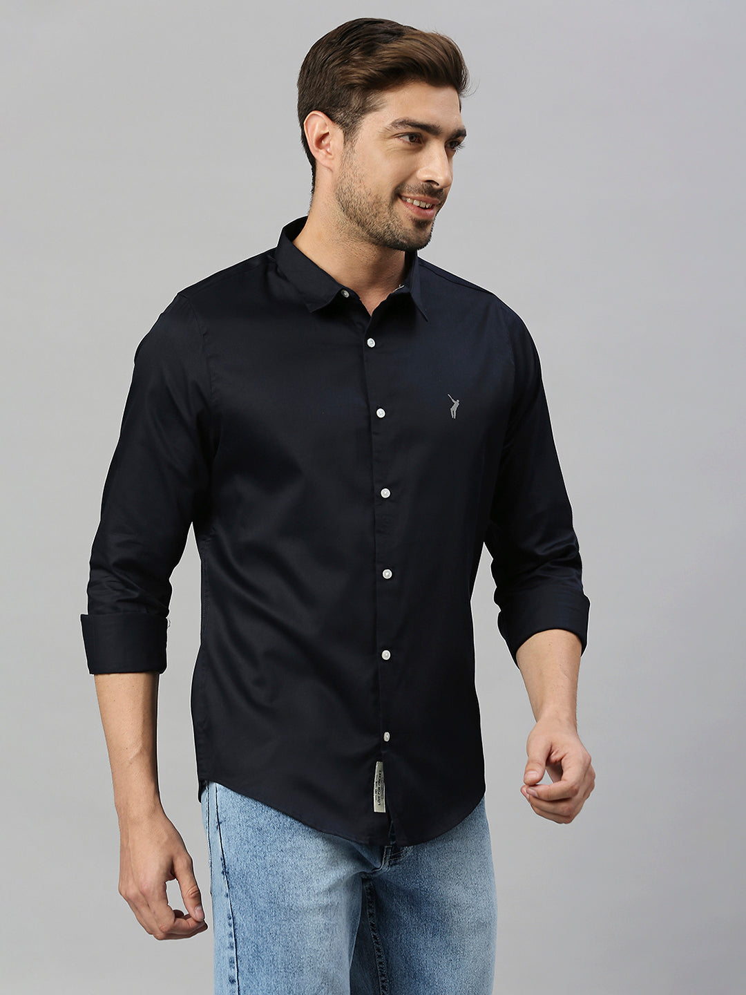 Thomas Scott Men Navy Classic Slim Fit Long Sleeves Spread Collar Solid Casual Shirt