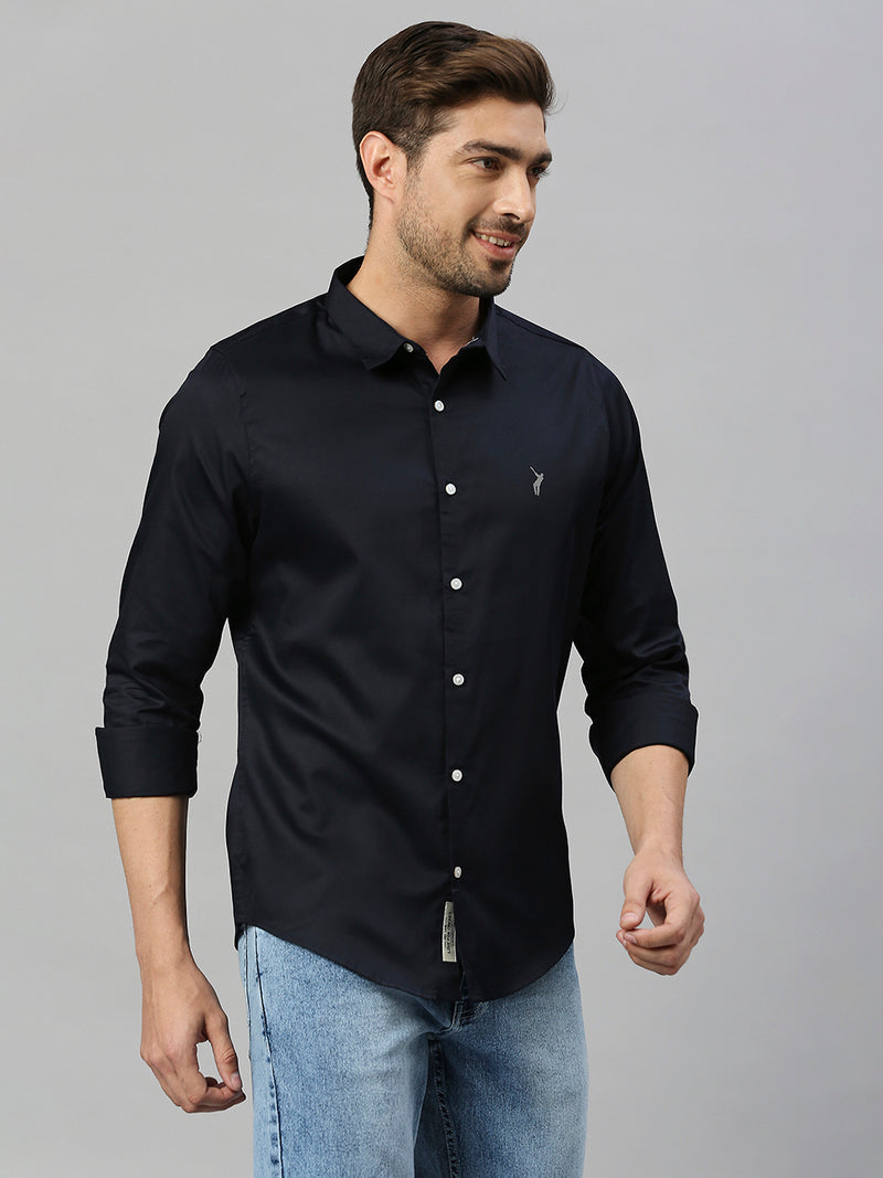 Thomas Scott Men Navy Classic Slim Fit Long Sleeves Spread Collar Solid Casual Shirt
