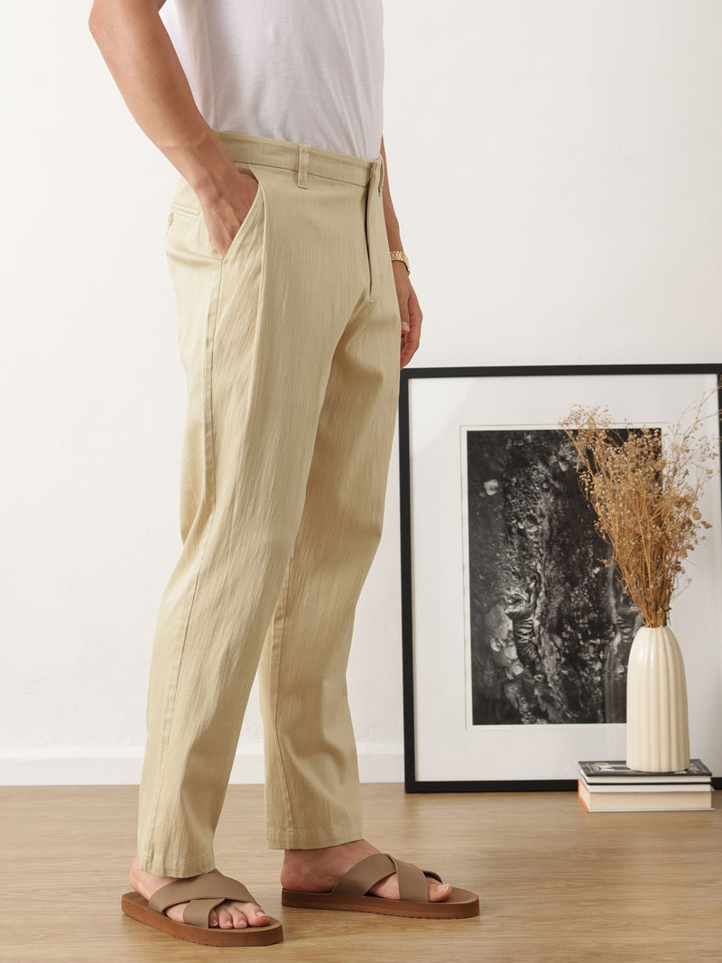 Thomas Scott Men Beige Smart Solid Regular Fit Woven Linen Pleated Trousers