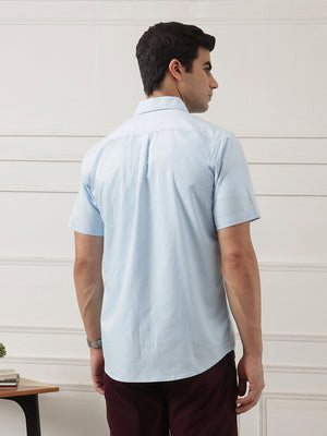 Sky Blue Regular Fit Short Sleeve Spread Collar Solid Oxford Cotton Casual Shirt For Men