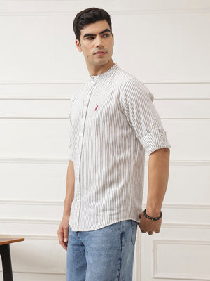 Navy Regular Fit Vertical Striped Cotton Linen Casual Shirt For Men with Roll-Up Sleeves