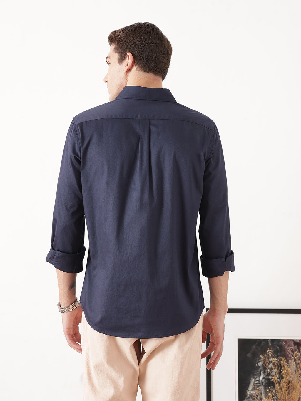 Navy Premium Slim Fit Solid Cotton Casual Shirt For Men