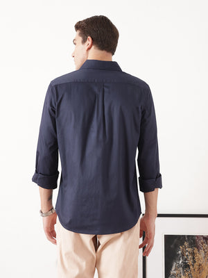 Navy Premium Slim Fit Solid Cotton Casual Shirt For Men