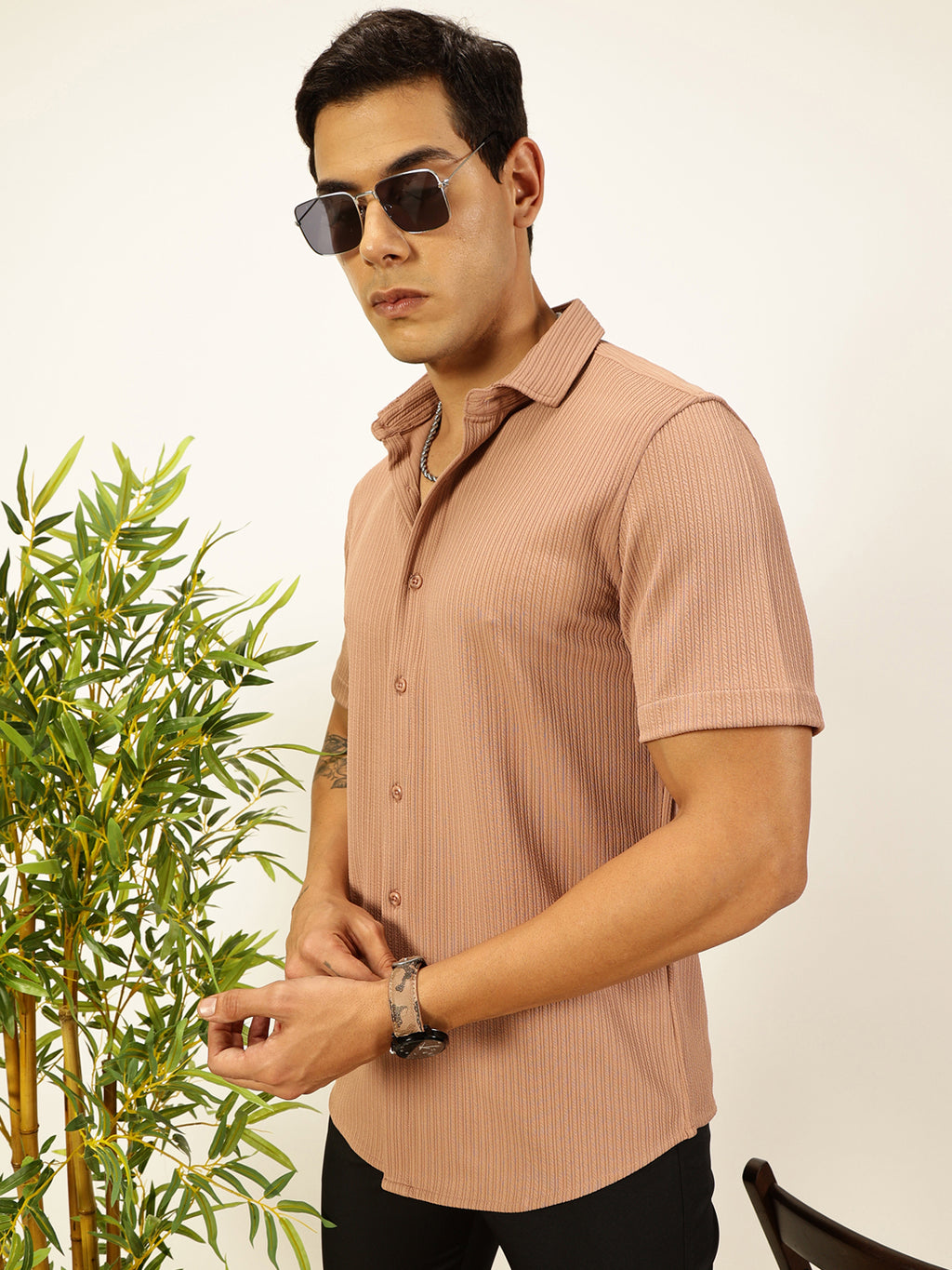 Thomas Scott Men Peach Premium Slim Fit Short Sleeves Vertical Stripes Casual Shirt