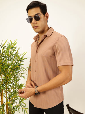 Thomas Scott Men Peach Premium Slim Fit Short Sleeves Vertical Stripes Casual Shirt