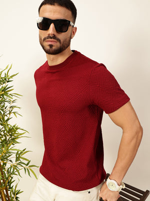 Thomas Scott Men Maroon Regular Fit Short Sleeves Round Neck Solid Knitted Tshirt