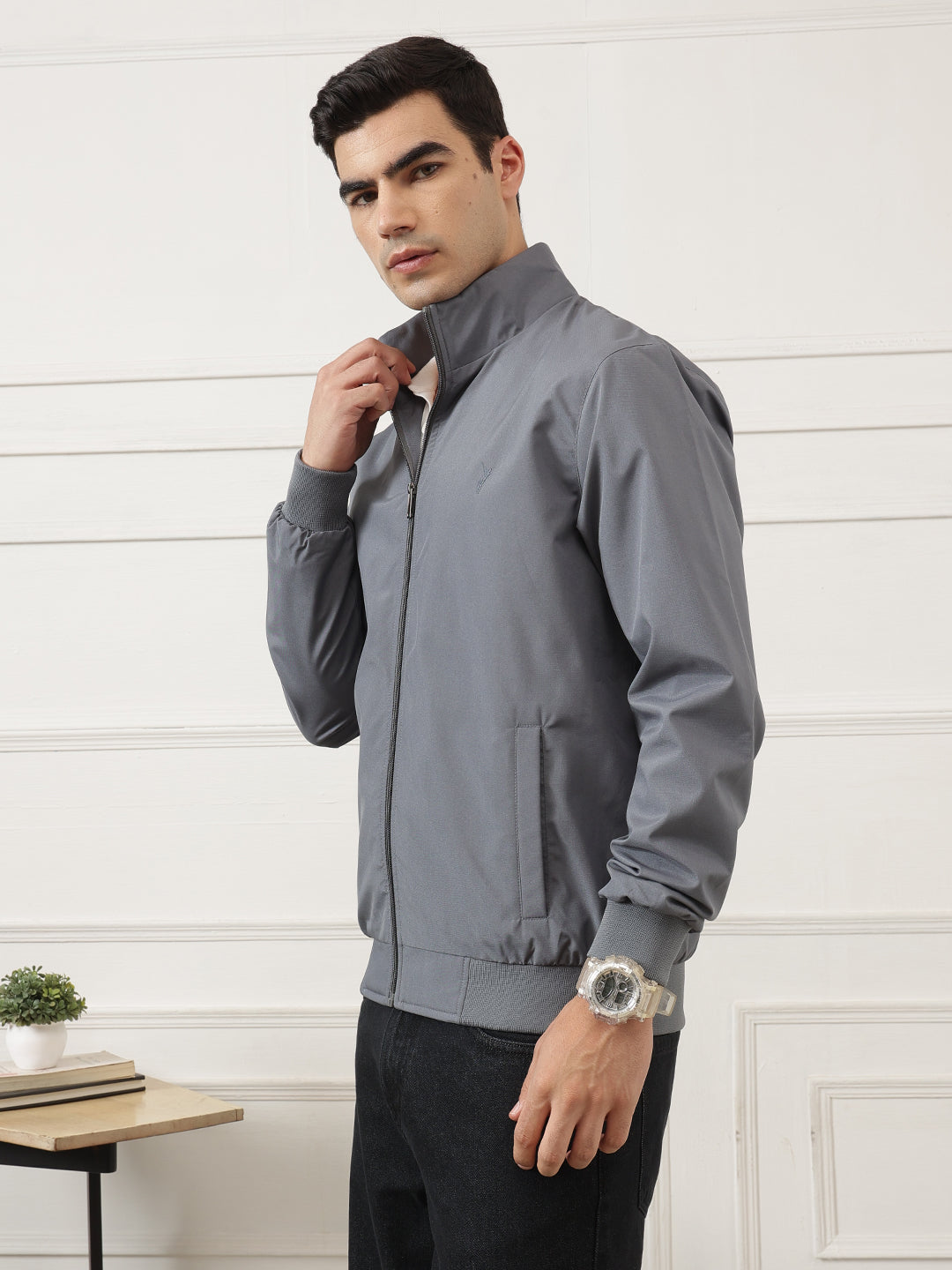 Grey Regular Fit Solid Full Sleeves Stand Collar Zip-Front Casual Bomber Jacket For Men