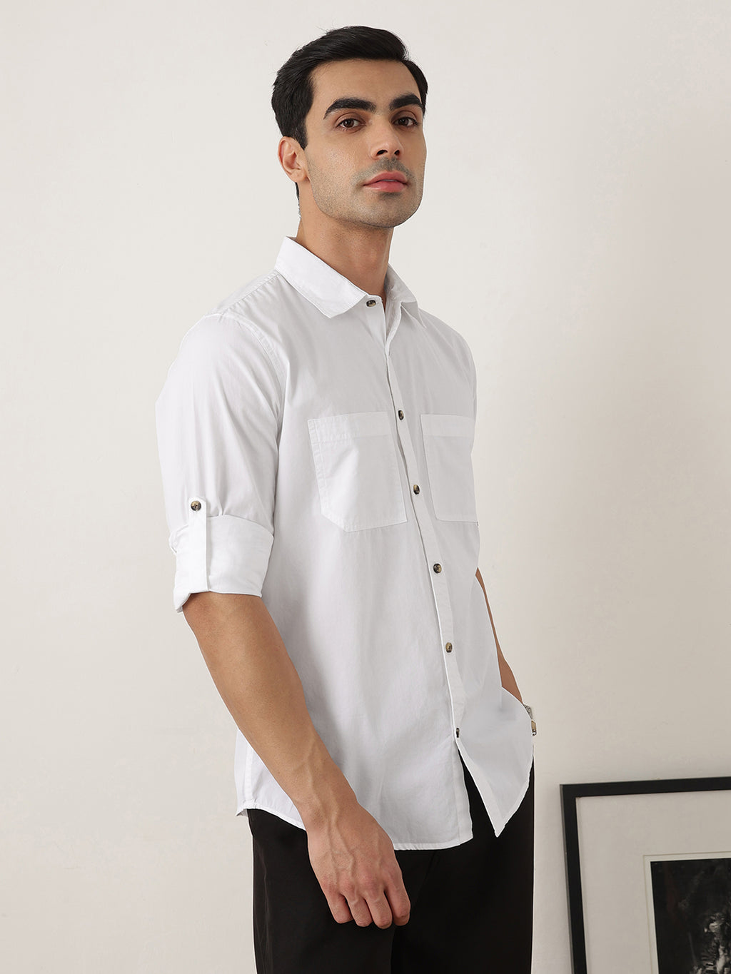 Thomas Scott Men Premium White Slim Fit Long Roll-Up Sleeves Spread Collar Solid Cotton Casual Shirts
