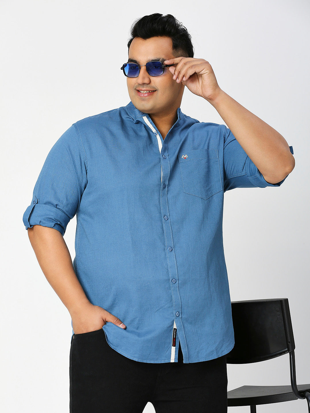 Thomas Scott Men Teal Premium Plus Size Regular Fit Long Sleeves Band Collar Solid Cotton Linen Casual Shirt
