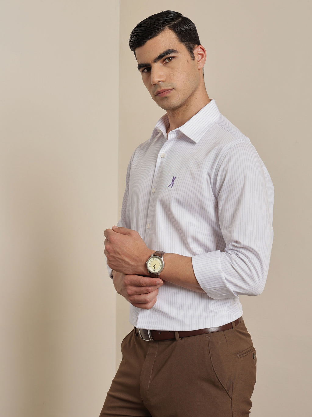 Thomas Scott Men Premium Violet Vertical Stripes Cotton Formal Shirt with Spread Collar & Full Sleeves