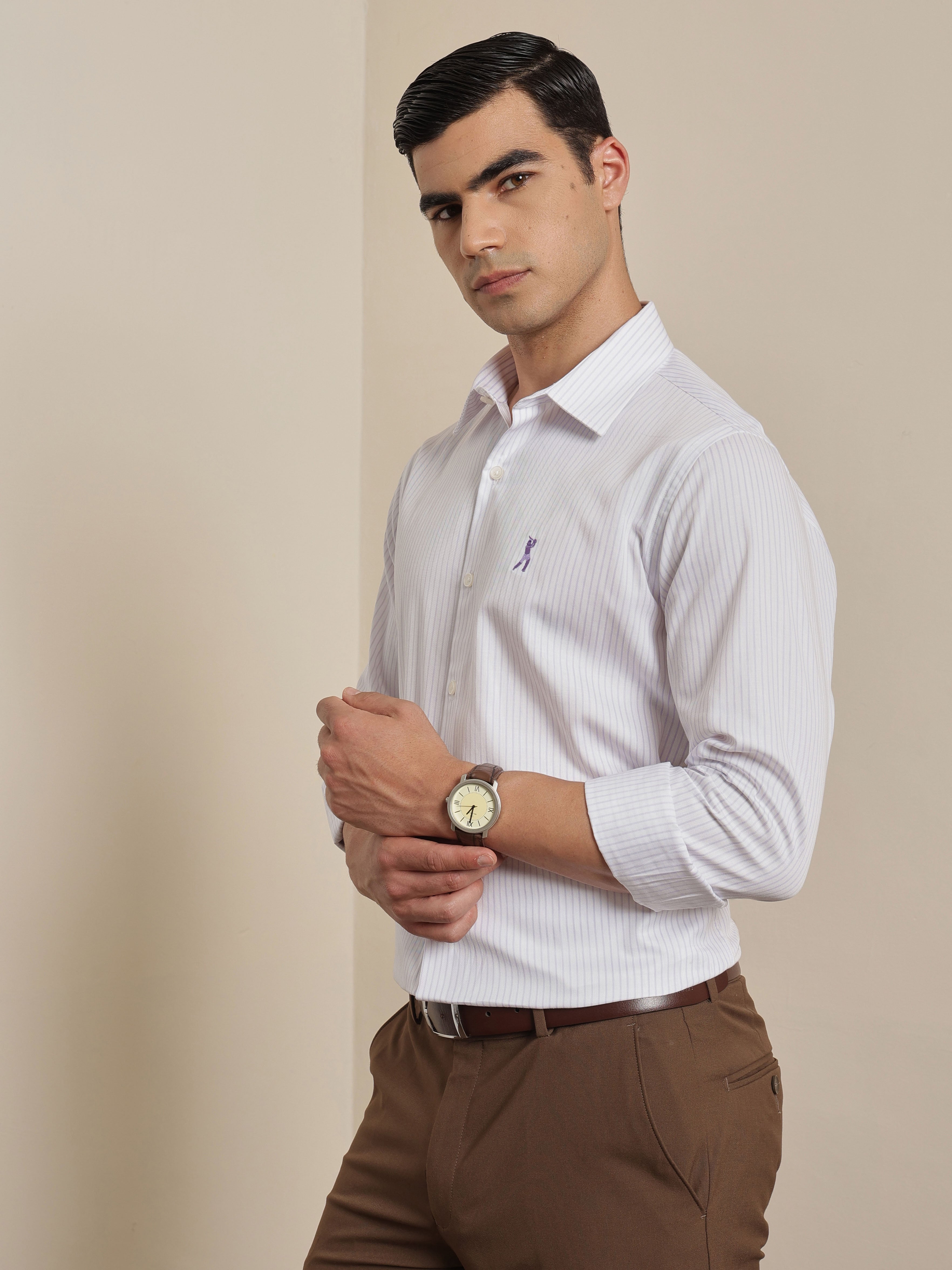 Thomas Scott Men Premium Violet Vertical Stripes Cotton Formal Shirt with Spread Collar & Full Sleeves