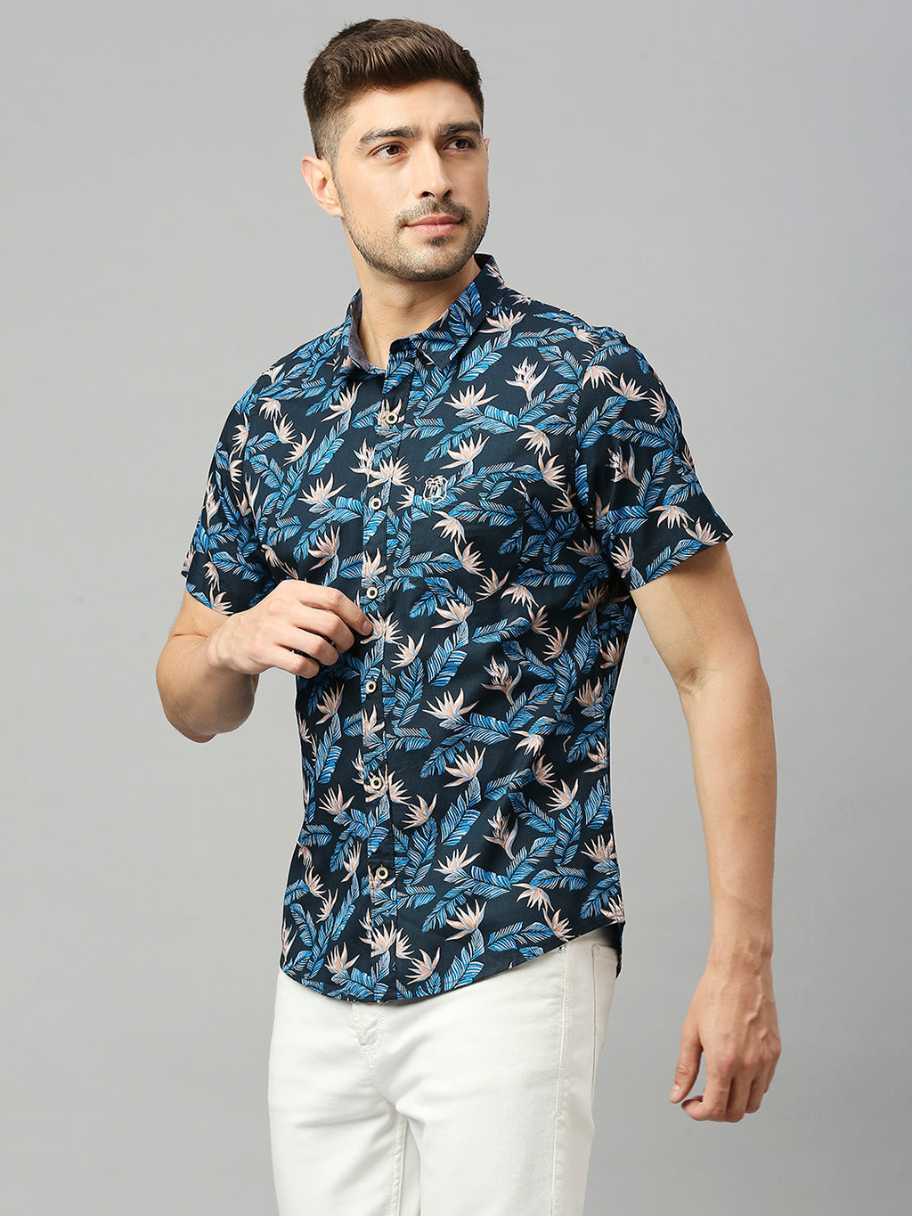 Thomas Scott Men Navy Classic Short Sleeves Slim Fit Spread Collar Floral Printed Cotton Casual Shirt