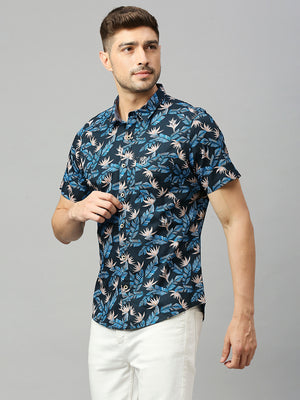 Thomas Scott Men Navy Classic Short Sleeves Slim Fit Spread Collar Floral Printed Cotton Casual Shirt