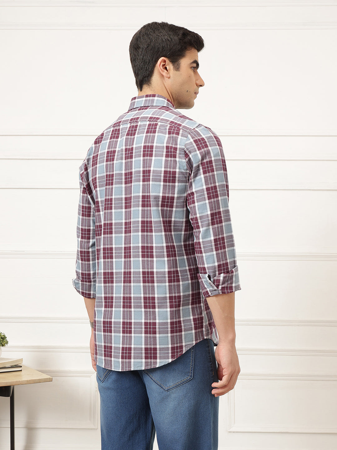 Maroon Premium Regular Fit Tartan Checks Cotton Oxford Shirt For Men
