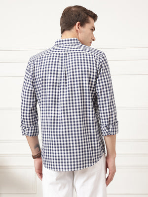 Navy Premium Regular Fit Gingham Checks Cotton Linen Shirt For Men