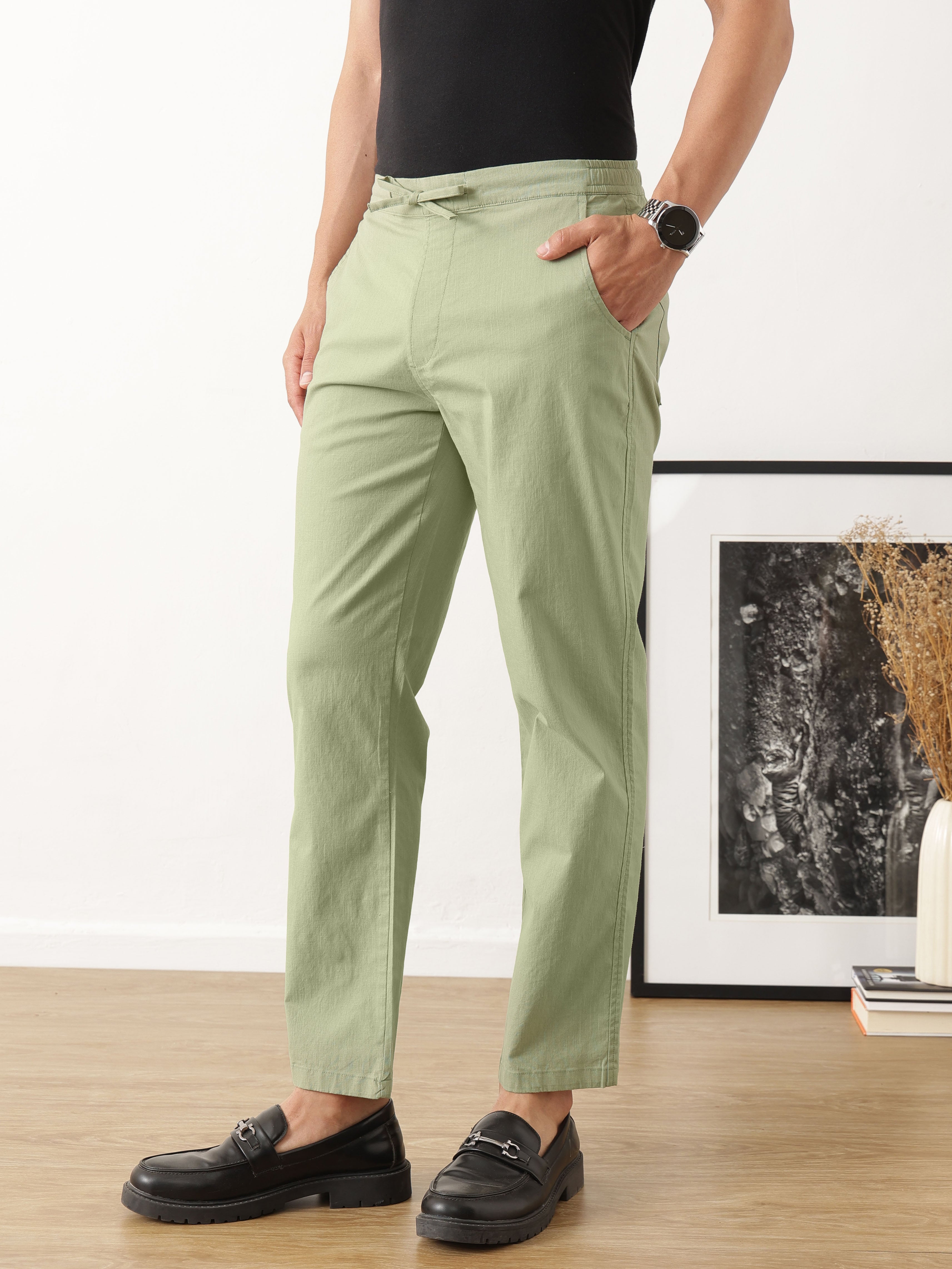 Thomas Scott Men Smart Olive Regular Fit Mid-Rise Solid Woven Cotton Linen Trouser