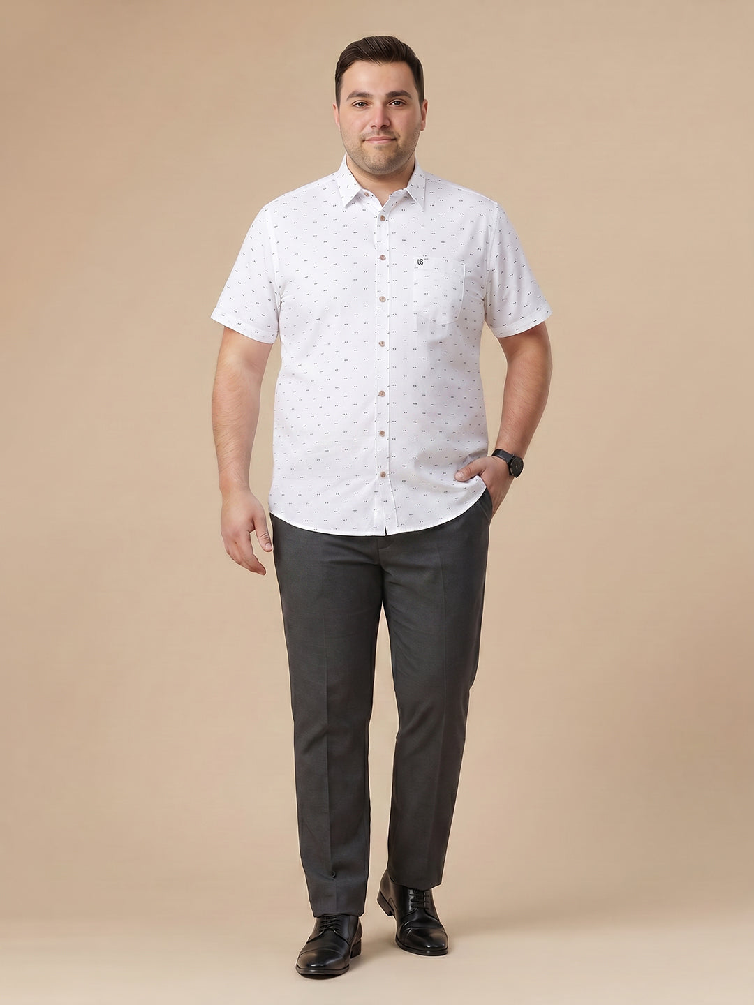 Pure White 1 Plus Size Regular Fit Micro Ditsy Printed Spread Collar 100% Cotton Casual Shirt For Men