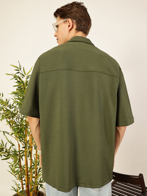 Thomas Scott Men Olive Premium Short Sleeves Regular Fit Cuban Collar Textured Cotton Twill Shirt