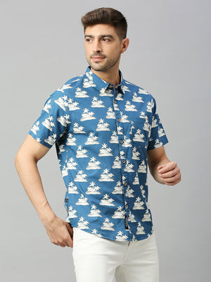 Thomas Scott Men Blue 1 Classic Short Sleeves Slim Fit Spread Collar Floral Printed Cotton Casual Shirt