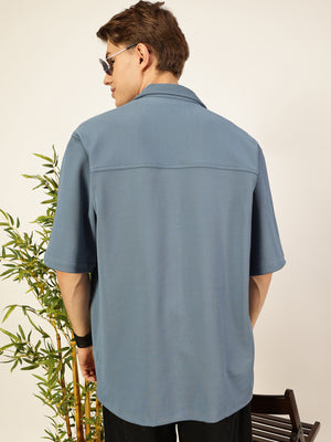 Thomas Scott Men Mid Blue Premium Short Sleeves Regular Fit Cuban Collar Textured Cotton Twill Shirt