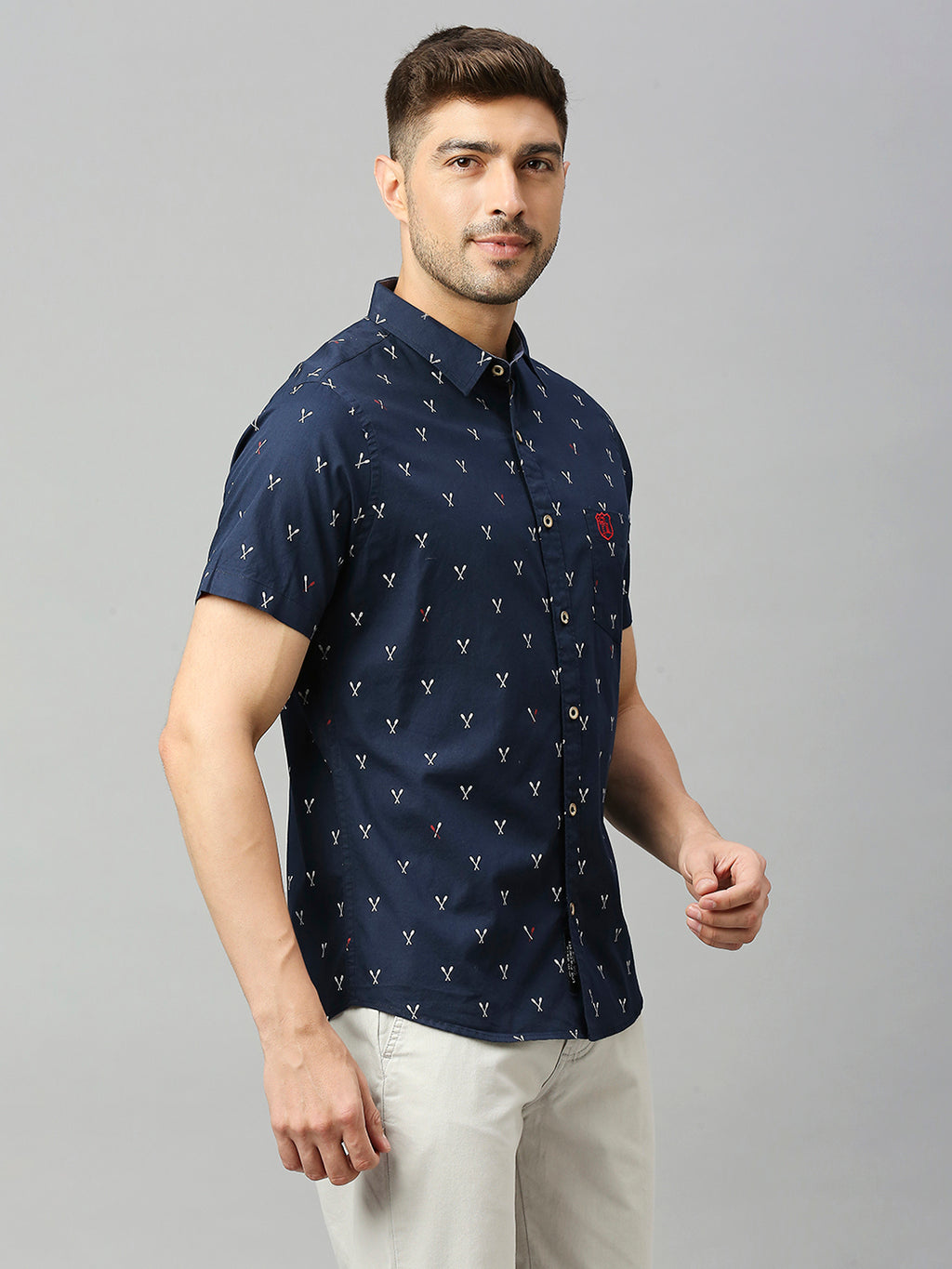 Thomas Scott Men Royal Navy Classic Short Sleeves Slim Fit Spread Collar Conversational Printed Cotton Casual Shirt
