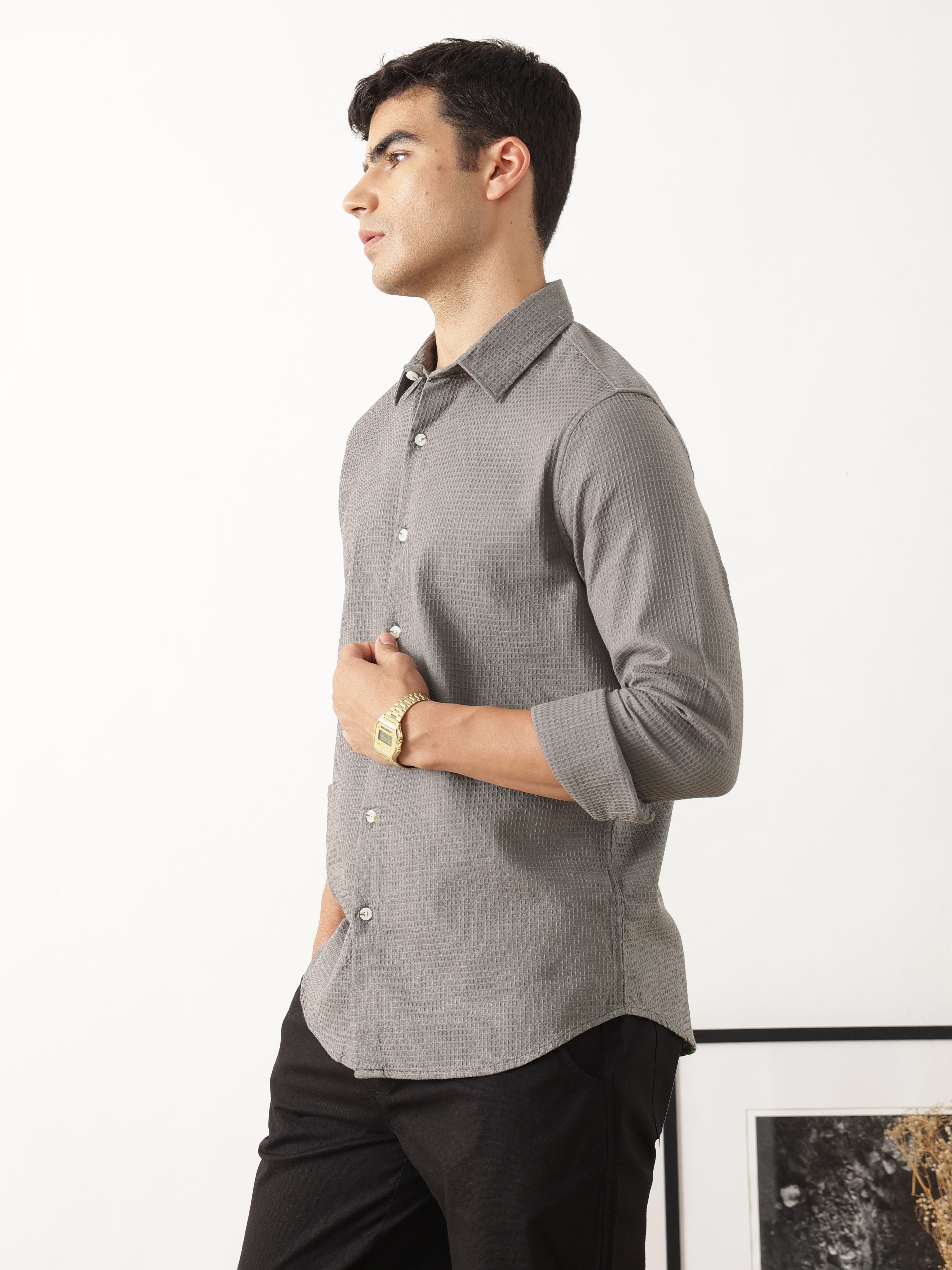 Thomas Scott Men Premium Grey Regular Fit Long Sleeves Spread Collar Textured Casual Shirt